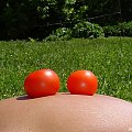 dwa pomidorki na tle łąki zielonej....