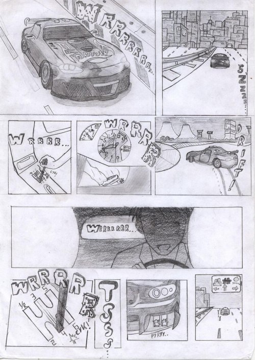 Projekt komiksu z wyści gami ulicznymi, strona 1.