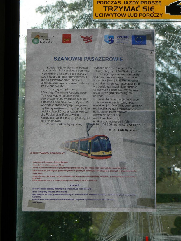 Takie informacje o rozpoczęciu prac nad Łódzkim Tramwajem Regionalnym zawisły w łódzkich tramwajach i autobusach MPK